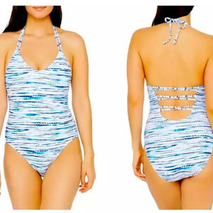 La Blanca Swimsuit Sz 10 Blue White Tidal Halter Underwire One Piece Padded‎